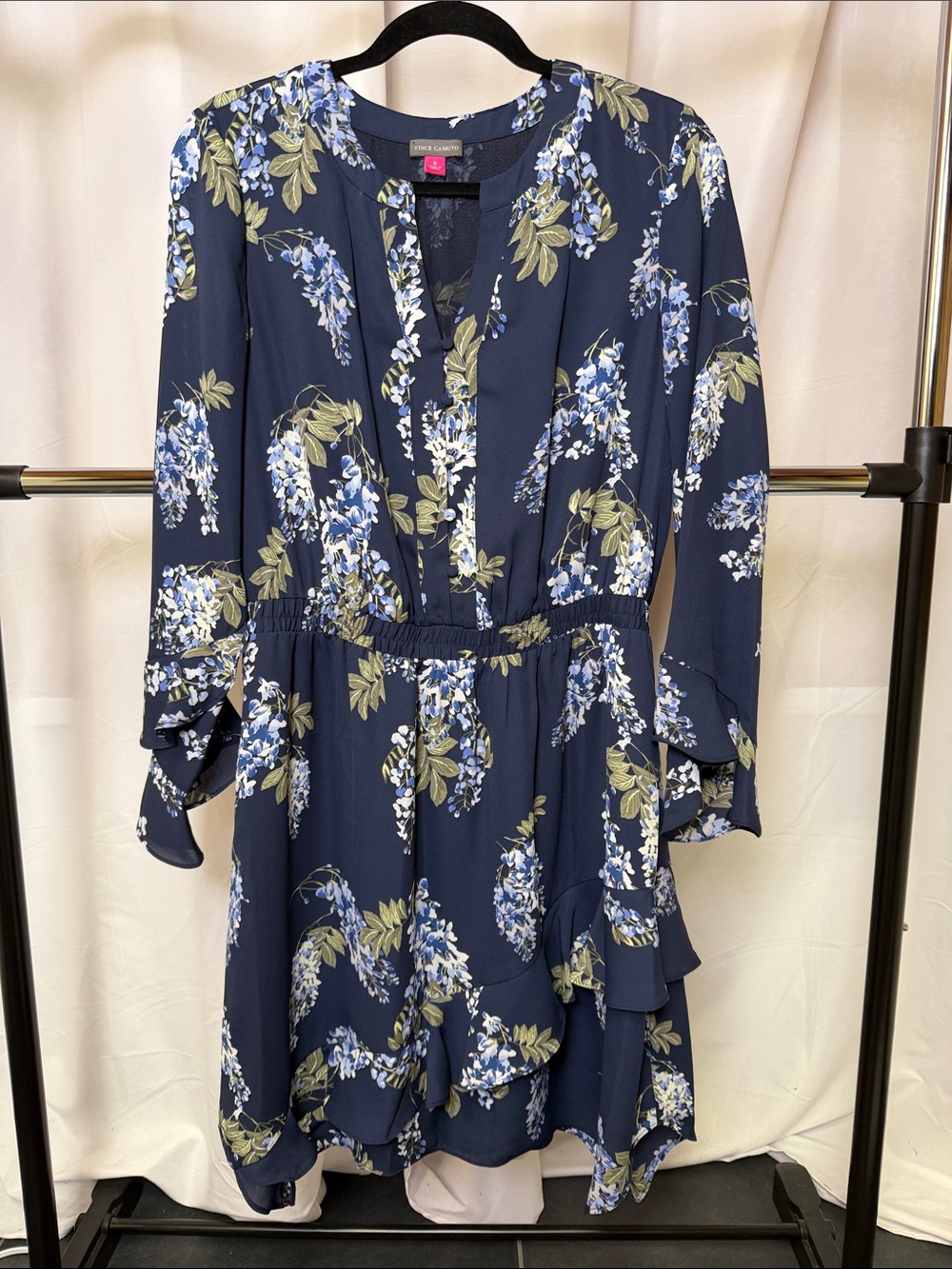 Vince Camuto women’s Navy Floral Long-Sleeve ruffle Dress size 8